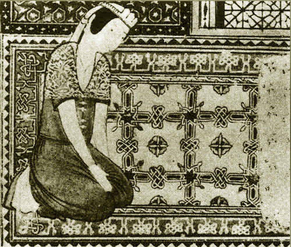 A woman sitting on a rug with the layout of the field bearing a similarity to that which can be seen in subsequent Turkmen weavings. Additionally, the archaic 'Kufic' border pattern seen in old Anatolian rugs is evident. Timurid Period, Herat school, XV c.